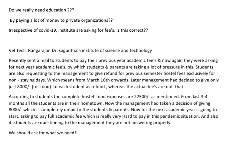 _upendra_uppi_'s tweet photo. Do we really need to study???
Vel Tech Rangarajan DR. sagunthala R&D institute of science and technology asking to pay all the fee @AICTE_INDIA #Thetimesofindia #reducefeesinpandemic #save_engineering #EducationWithCOVID #StudentLifeMatters #madrashightcourt
kindlytakeaction🙏 https://t.co/s6GYYok3ml
