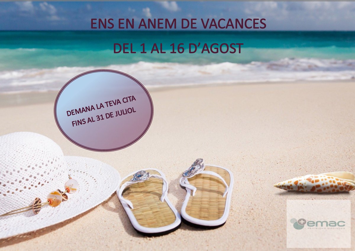 ‼️Ens en anem de vacances de l'1 al 16 d'agost.
🔊Si se't caduca alguna llicència dins d'aquest període, no dubtis en demanar-nos cita prèvia abans del dia 31 de juliol per les següents vies:
☎️977340514
💻iwww.emacserveismedics.com
📨info@emacserveismedics.com