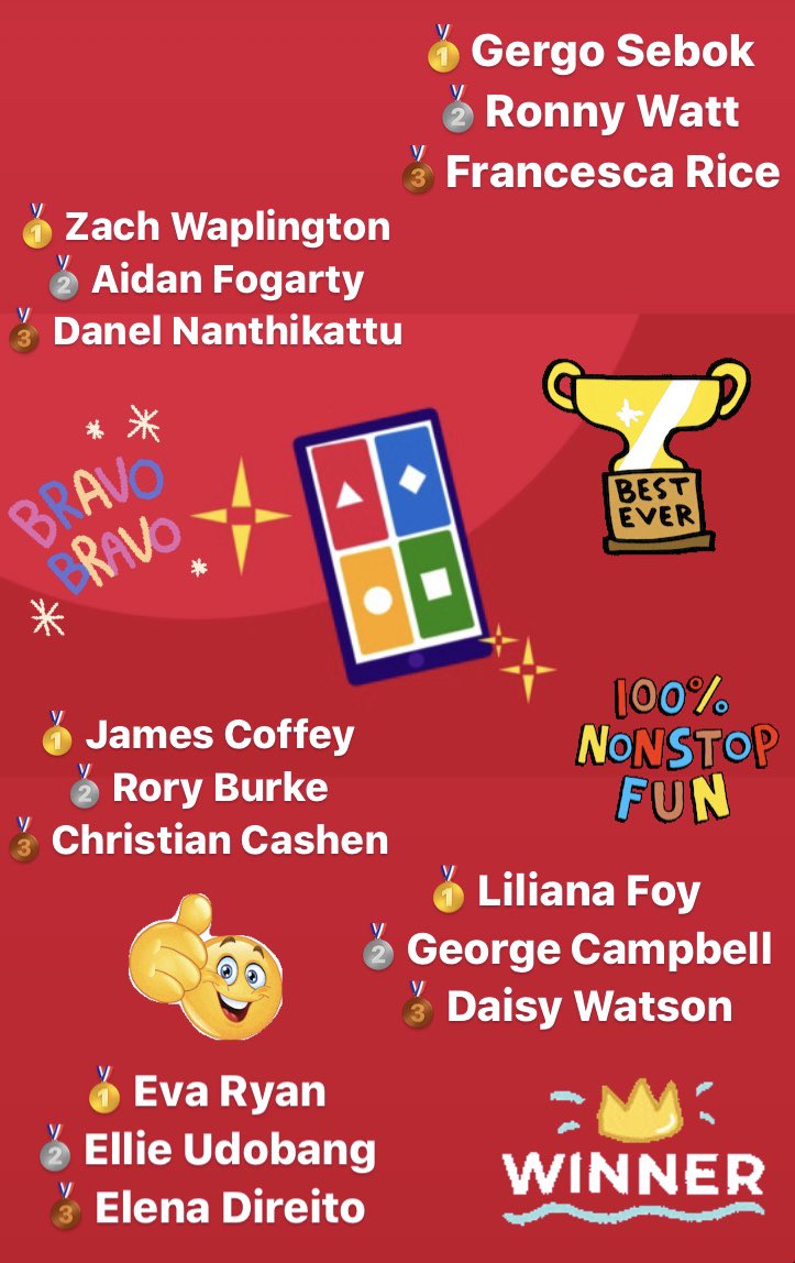 Our final form time Kahoot winners! Well done to all of you that got involved and a massive well done to you superstars that won! Woop woop! 🥇🥈🥉