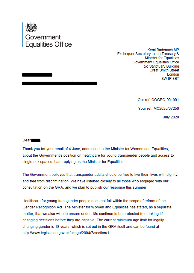 lynneregan31's tweet photo. @Genderintell Here's the response my MP received from Kemi Badenoch (I've taken my MPs name out to avoid trolling) #trusstme #TransRightsAreHumanRights https://t.co/FWvDNoXfos