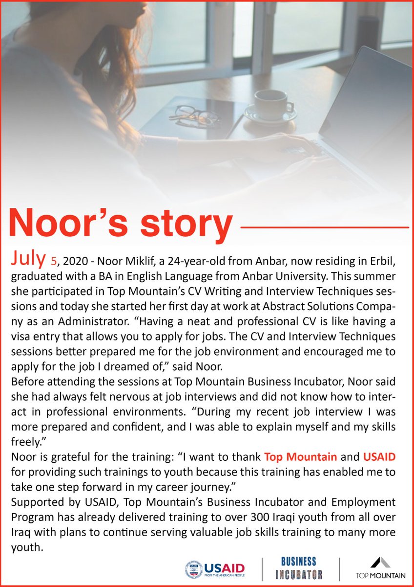 TopMountainLLC's tweet photo. We focus on the impact in our Business Incubator and Employment Program funded by @USAID read the story of Noor &amp; see how our employability training helped her overcome one of her biggest challenges in finding a job in Iraq @USAIDMiddleEast #NPI #Iraq #localpartner #Jobs https://t.co/RyHH74tdJZ