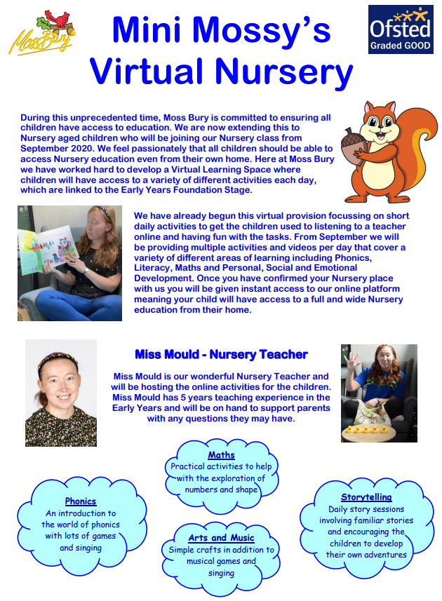 MossBuryPrimary's tweet photo. We still have places available in our Nursery for September. If you are interested in a place please email us at admin@mossbury.herts.sch.uk. We are offering a virtual nursery on our website for our new nursery children, please find information attached. 😊🐿️ https://t.co/HExkfwkq4p
