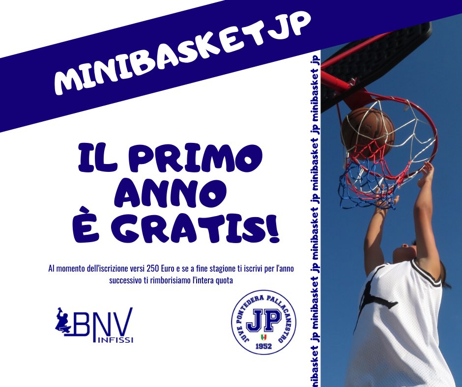 JuveJp's tweet photo. LA JP RIPARTE DAL MINIBASKET⠀
🏀👶🏻👧🏻⠀
⠀
Dal 10 Settembre la Juve Pontedera tornerà a proporre attività minibasket per bambini e bambine dai 5 anni in su ‼️⠀
⠀
IL PRIMO ANNO È GRATIS ✅⠀

Scopri la nostra offerta: 
Nadir 3465112808
⠀
#minibasketjp #jp #jpworld #jpneverstops https://t.co/1RHJjaJNlD