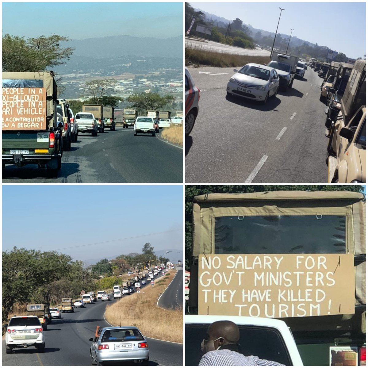 EdwardthembaSa's tweet photo. Safari vehicles Drive-slow protest in Mbombela today...#tourismIsBleeding. https://t.co/c94Efj4Vkv