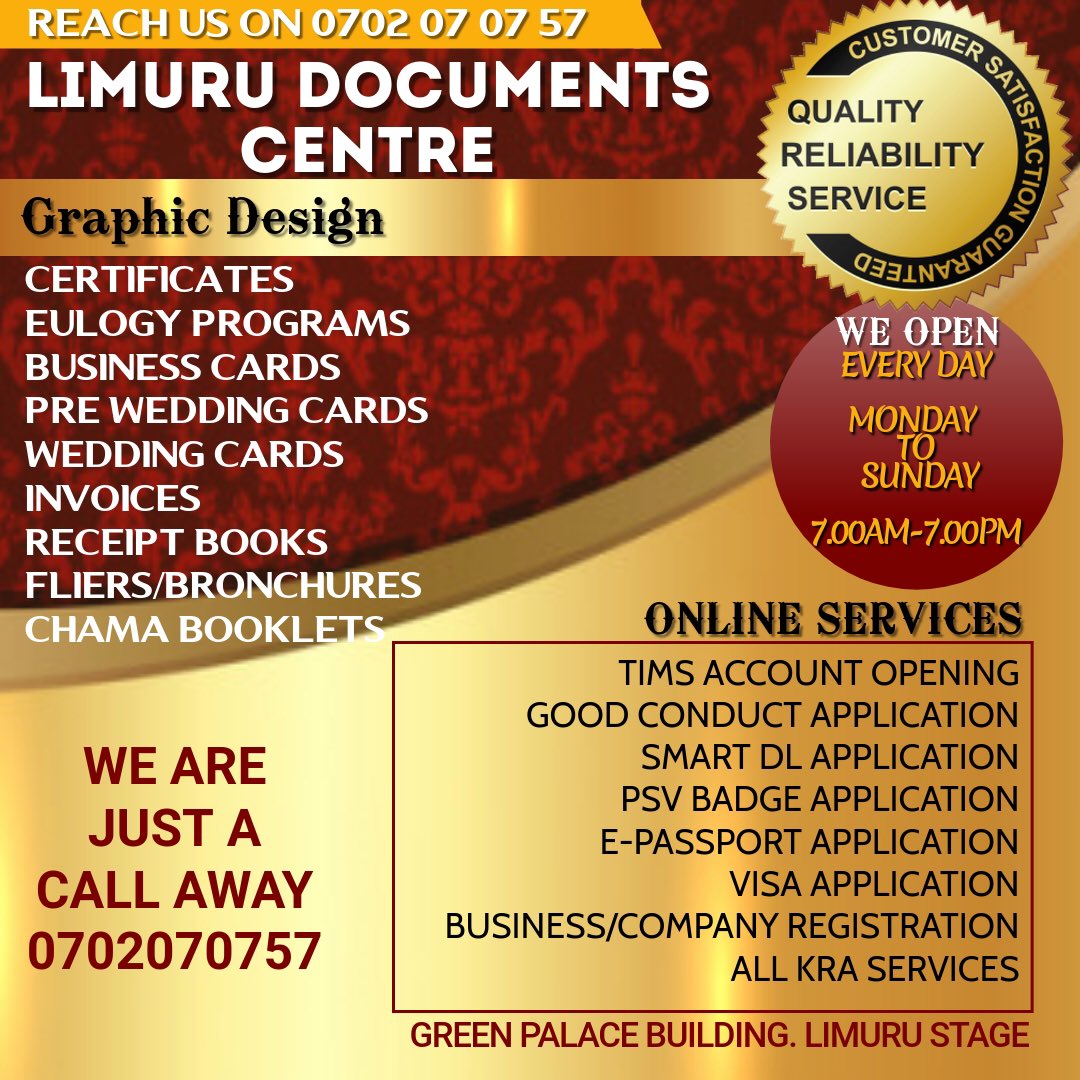 ldocumentscent1's tweet photo. Service you can trust, delivered by a team with love @limurudocumentscentre Reach us on 0702070757
Rwanda https://t.co/rkJ72gZLen