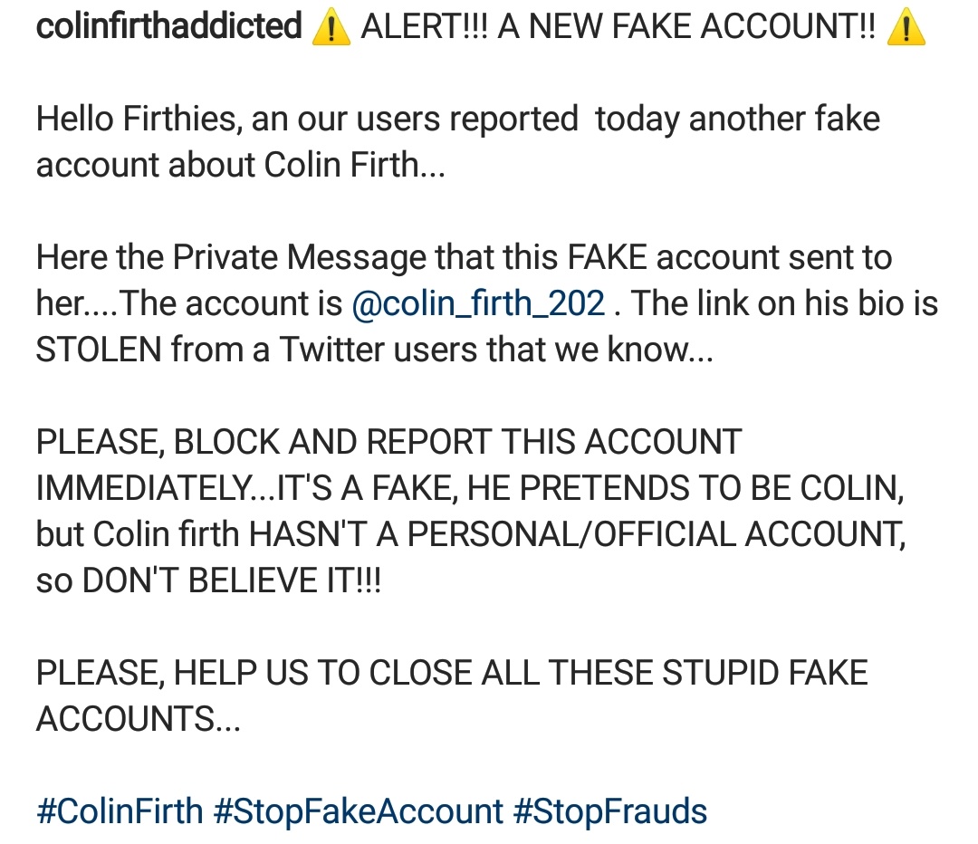 CFAddicted's tweet photo. ⚠️ ALERT!!! A NEW FAKE ACCOUNT!! ⚠️

PLEASE, HELP US TO CLOSE ALL THESE STUPID FAKE ACCOUNTS...

#ColinFirth #StopFakeAccount #StopFrauds https://t.co/FQ3FPo0mK2