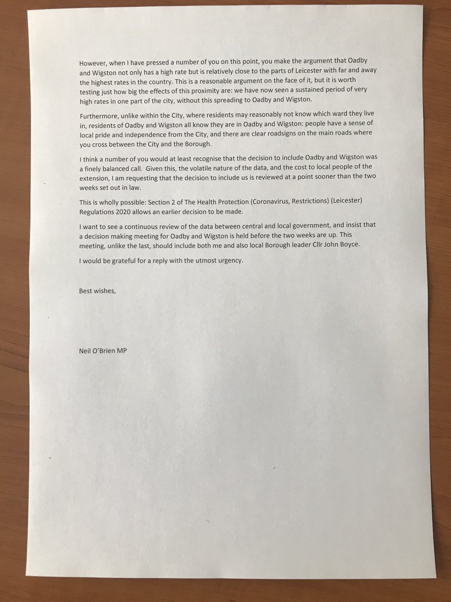 *Getting Oadby and Wigston out*

I've written to Matt Hancock &amp; public health officials demanding an earlier review of the decision to keep Oadby and Wigston in the area affected by anti-Coronavirus restrictions. I'm also asking about the data &amp; justification. My letter is below.