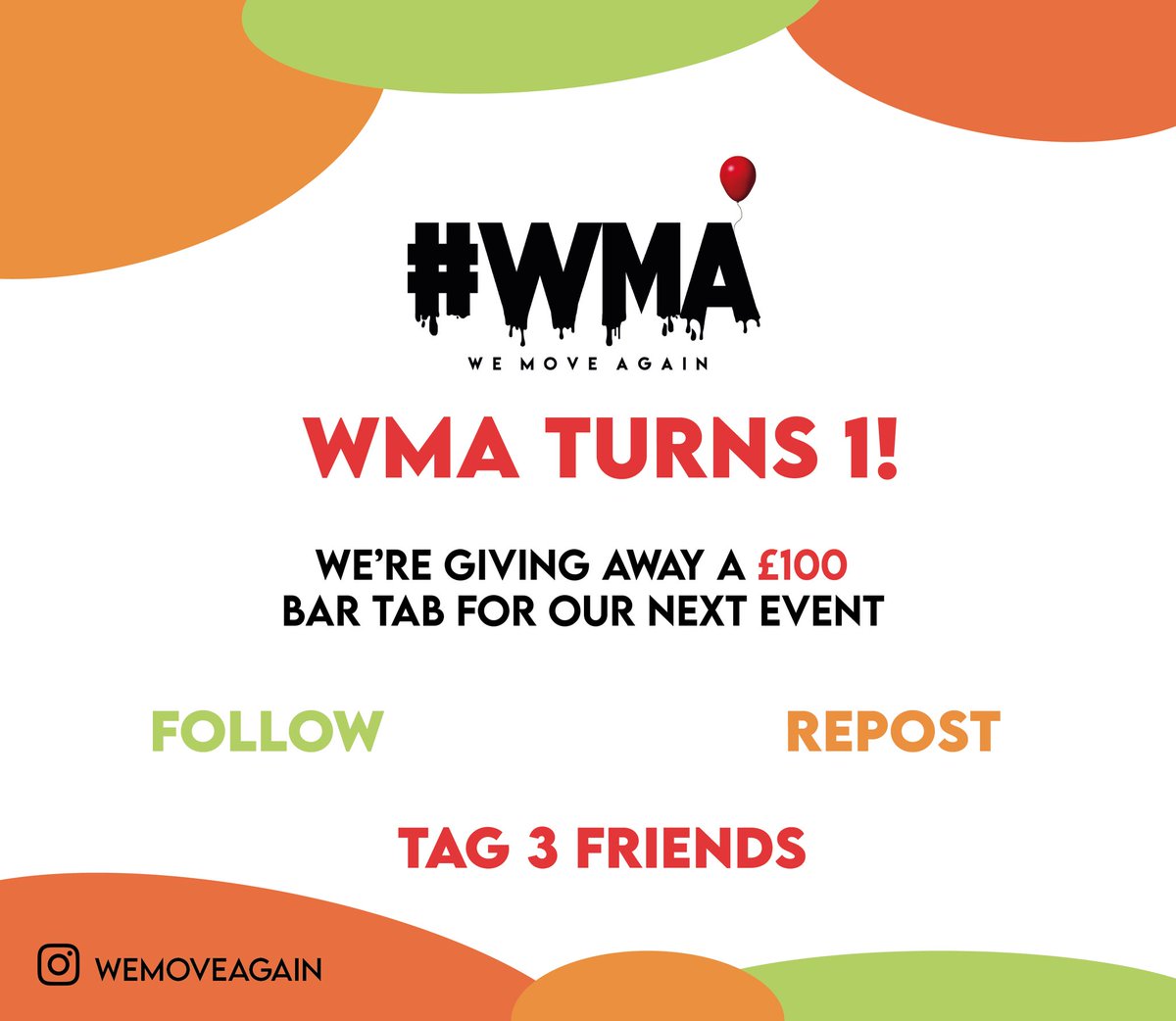 WeMoveAgain's tweet photo. We’re currently doing an Instagram Giveaway to celebrate our 1 Year Anniversary🥳🍹🥃 #WMA 🎈 https://t.co/skqp9tu9fF https://t.co/swruocMvWS