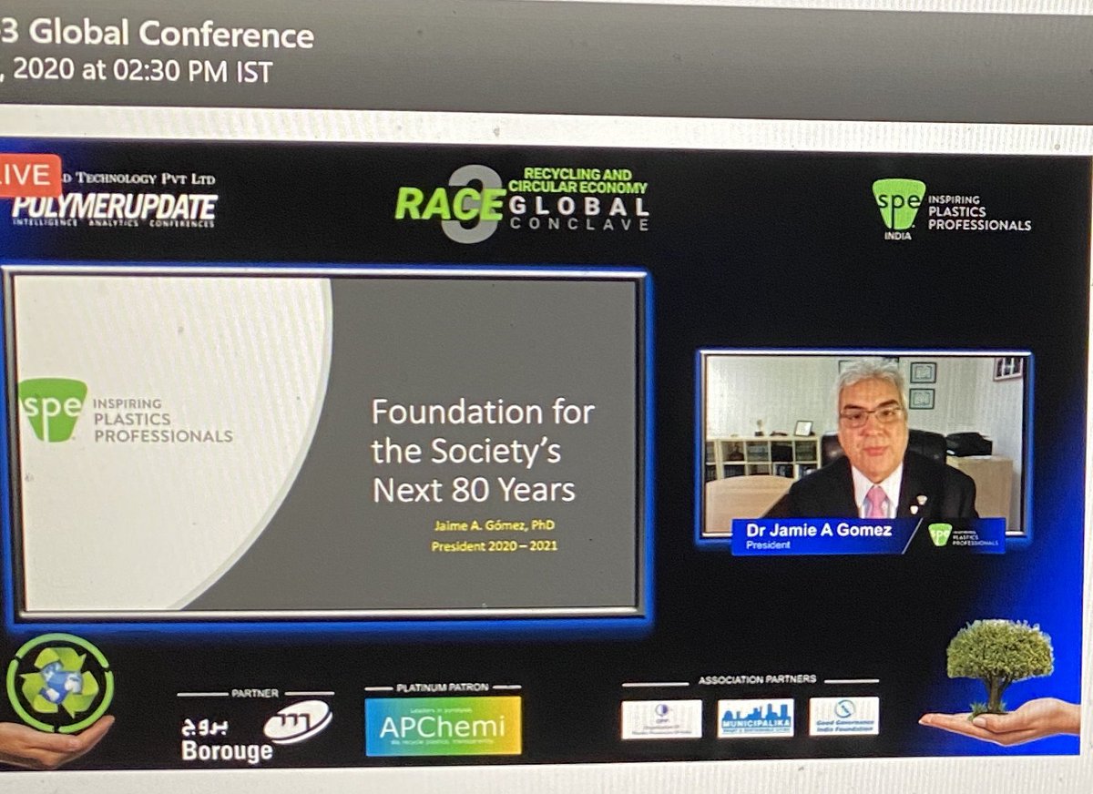 SUEZ_MW's tweet photo. Live from India via virtual in New Jersey-SPE President Jaime Gomez presented at RACE Recycling and Circular Economy Global Conclave today @4SPE_Plastics @spe_india10 https://t.co/GkpAa5t0KL