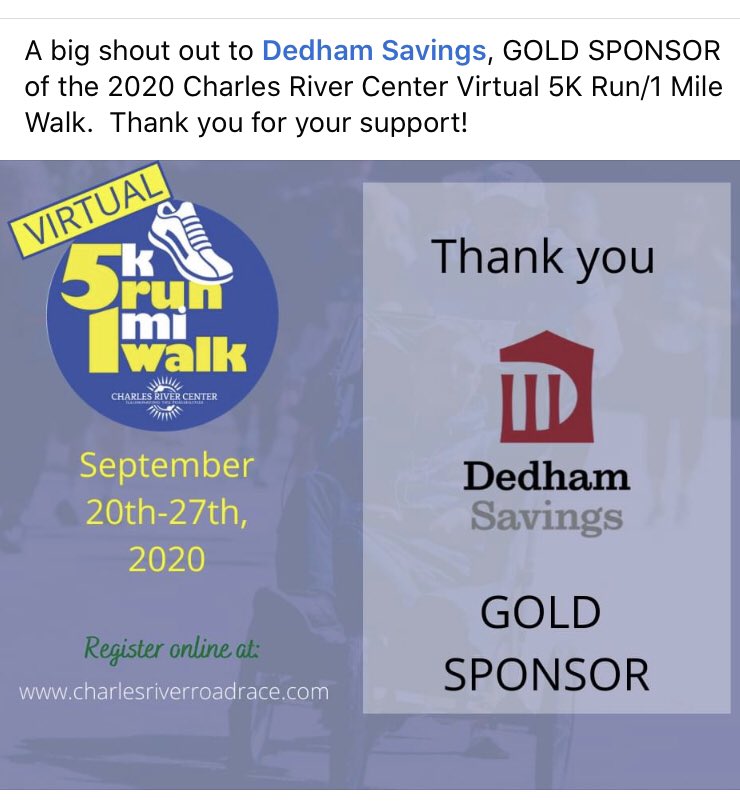 CRC5K's tweet photo. Thank you @DedhamSavings for continued good sponsorship! #10YearAnniversary #5k #Disability #autism #needham #virtualrace https://t.co/xbDTjithhh