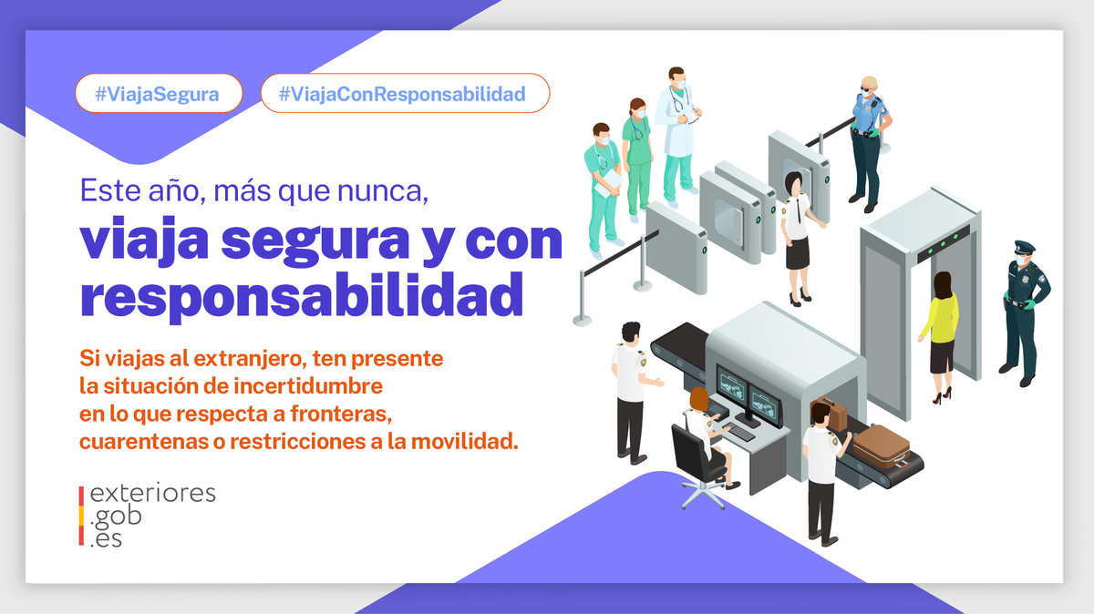 MAECgob's tweet photo. La pandemia del #COVID19 ha provocado una situación de incertidumbre en todo lo relativo a:
🛂 #Fronteras
😷 #Cuarentenas
🚫 Restricciones a la #movilidad internacional

Si este verano viajas al extranjero, sé más responsable que nunca.

#ViajaSegura #ViajaConResponsabilidad https://t.co/0Fn6YEYIRd