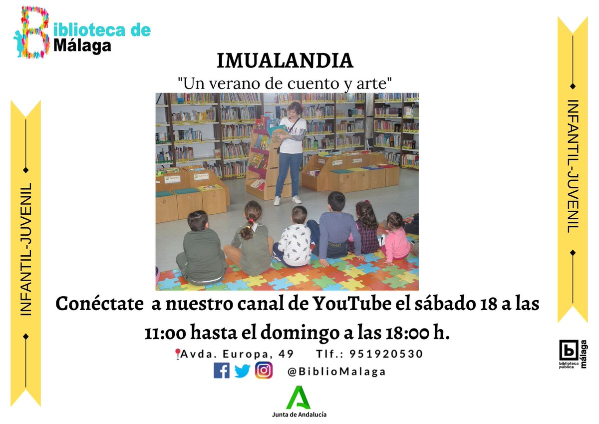 BiblioMalaga's tweet photo. Te recordamos que este #sábado11 te #conectes a nuestro canal de ##youtube y disfrutarás con Imualandia y su #cuentotaller ¿Por qué el mar es salado"?
#biblioMalaga #talleres #verano2020 #cuentacuentos #Imualandia #actividades🏝🏝 https://t.co/VMs8Xvgbbg