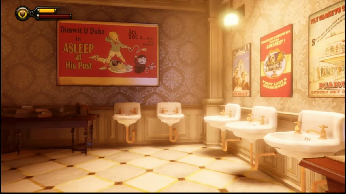 DoMirrors's tweet photo. The bathroom mirrors in #BioshockInfinite do NOT work and are replaced with advertising & propaganda hoarding.
Let's not be giving real-life any ideas, please.
@bioshock @2K #2kgames #bookerdewitt @TroyBakerVA #elizabethBioshock #courtneedraper #annadewitt https://t.co/ZE2RyQIbWH