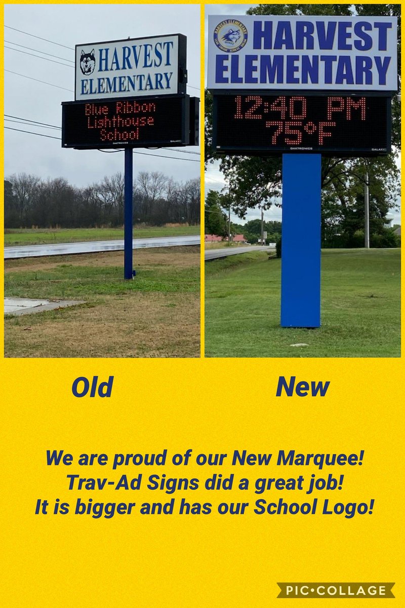 HarvestElem's tweet photo. Thanks to those that helped make our campus beautiful! Trav-Ad Signs made an awesome marquee w/ our logo & a @BRSOE sign. Thanks to those who volunteered to plant shrubs & clean out landscaping! #ThisIsHarvest #WritingOurStory #1Sparkman #IgniteExcellenceMCSS @ChrisGunnelsHES https://t.co/1ZZc3T0HEb