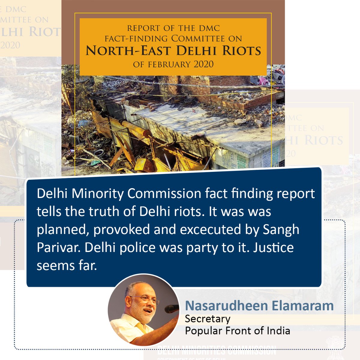 Delhi Minority Commission fact finding report tells the truth of Delhi riots. It was was planned, provoked and excecuted by Sangh Parivar. Delhi police was party to it. Justice seems far.
#DMCfactfindingReport
#DelhiRiots
