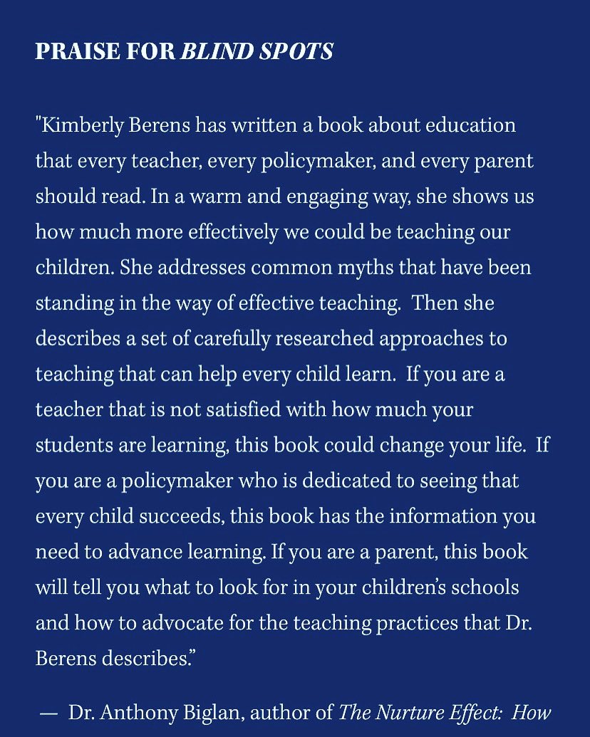 KimberlyBerens5's tweet photo. Early praise from @ABiglan for #blindspots on my website https://t.co/bG11ODk7Kq
#whystudentsfail #science #education #teachers #edreform https://t.co/VM8Uz2osbB