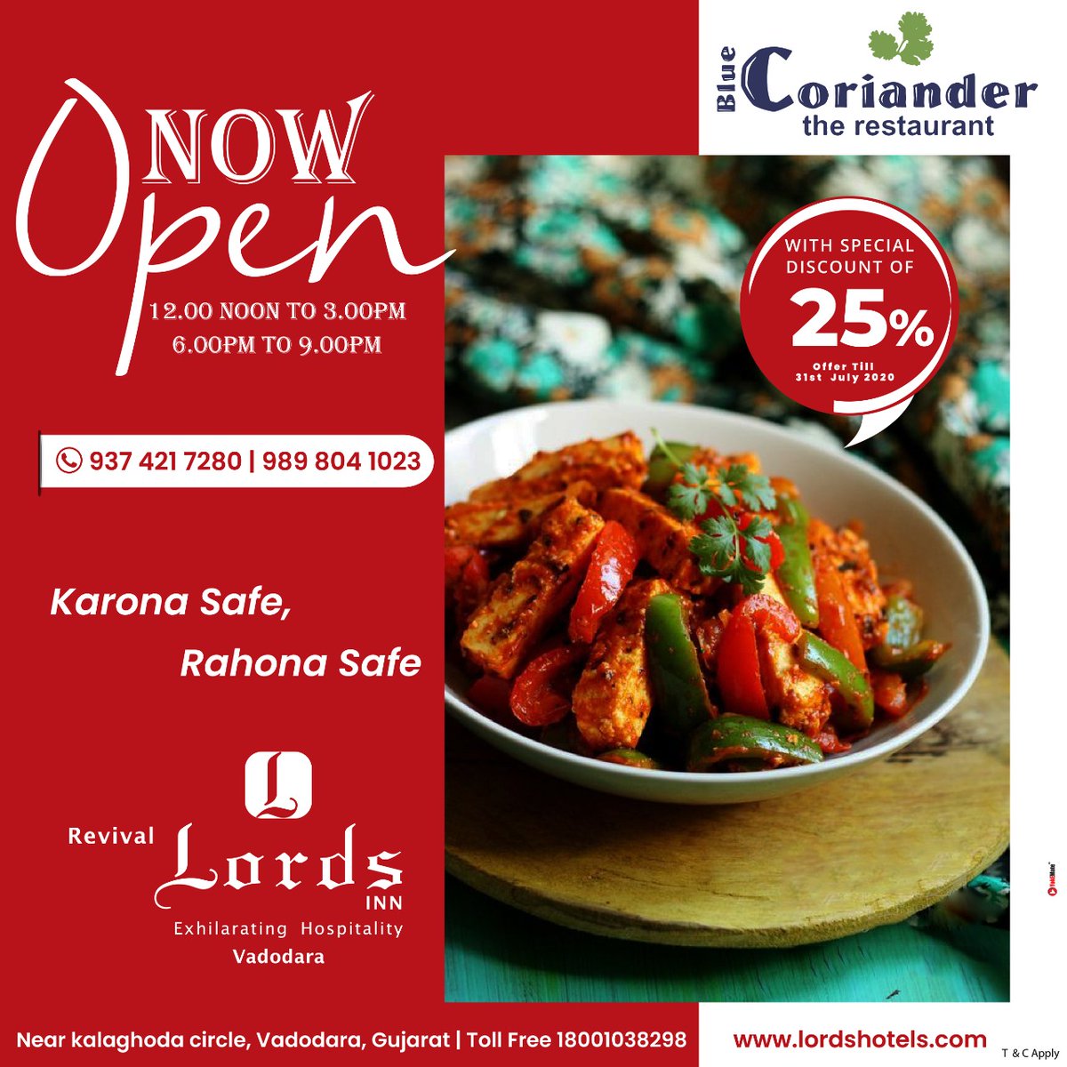 revivallordsho1's tweet photo. Now Open #BlueCoriander with Special Discount of 25% off #Offer Till 31st July'20
#nowopen #specialdiscount #bluecoriander #revivallordsinnvadodara #vadodara #Karona_safe #rahona_safe #lordshotelsnresort #LordsHotels #TrueValueHotels #yokemate #mryokemate #tapaspandya https://t.co/ZfdC1Wz72E