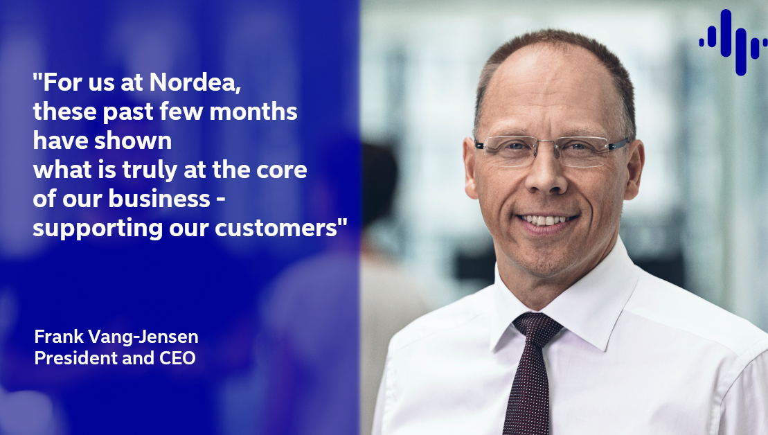 Nordea's tweet photo. [CEO blog] "Staying the course, standing by our customers" Our CEO @FrankVangJensen blogs about the second quarter of this year and the challenges faced by societies and companies due to the COVD-19 pandemic. https://t.co/2PFKI3mBwI https://t.co/mkrrEyXsSL