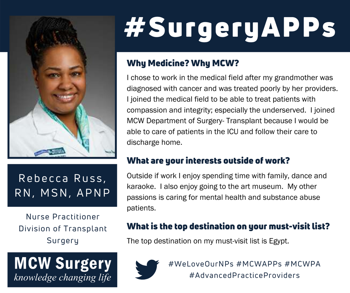 MCWSurgery's tweet photo. Today's #SurgeryAPPs feature is Nurse Practitioner Rebecca Russ! Rebecca chose to work in medicine to improve patient care &amp; compassion in healthcare. In her free time, she cares for mental health &amp; substance abuse patients. Clearly, Rebecca is #LeadingTheWay!  @MedicalCollege https://t.co/GGZiXJQ3Co