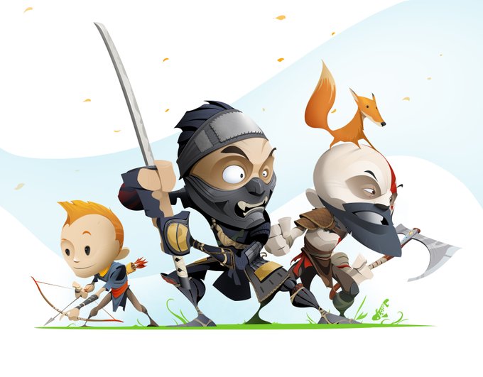 This is an emoji-style artwork piece showcasing Jin Sakai from Ghost of Tsushima flanked by Kratos and Atreus from God of War. Kratos has an orange fox from Ghost of Tsushima on his head.