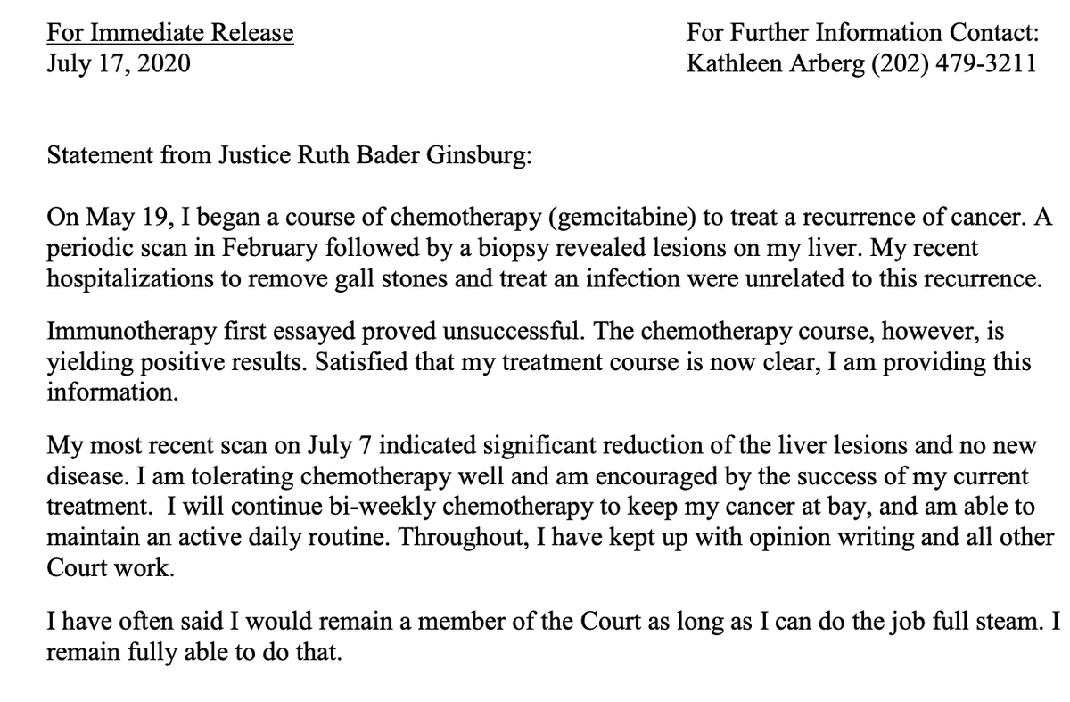 adamliptak's tweet image. NEW: Justice Ginsburg says she has cancer again.  She says she plans to stay on the court.