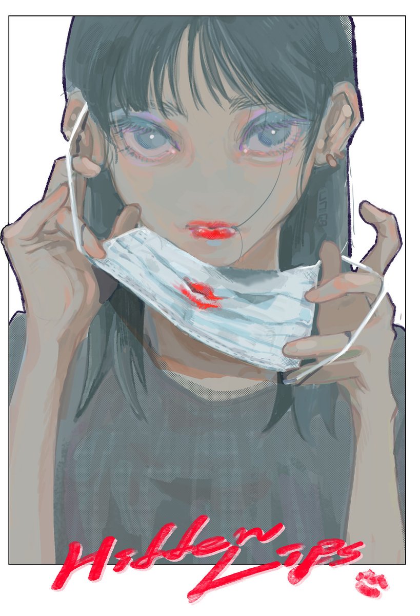 1girl solo mask mouth mask black hair surgical mask mask pull  illustration images