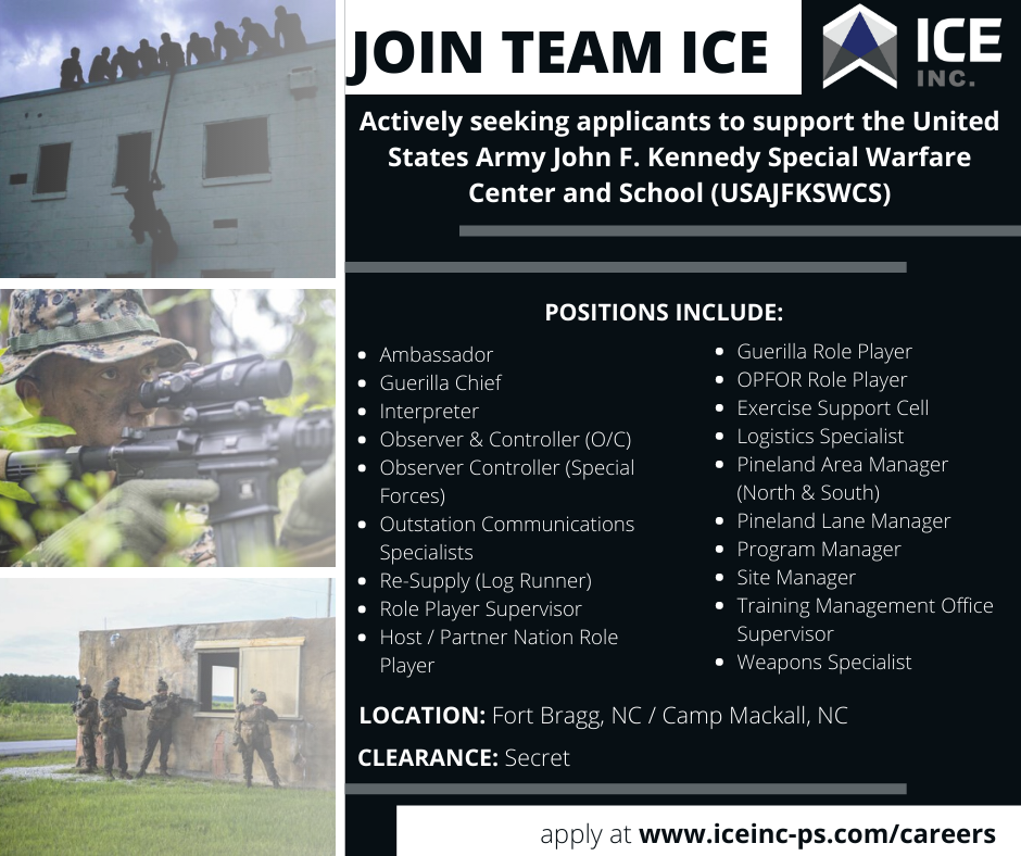 iceinc_corp's tweet photo. ICE Inc. is actively seeking applicants for various positions to support USAJFKWCS in North Carolina! 

Visit link to apply: https://t.co/rW7EXg8qhv 

#JoinTeamICE #ICEInc #USAJFKSWCS #Training #SOF #SF #SpecialForces #SWCS #SpecialOperations #GreenBeret https://t.co/gJCnVmFVHo