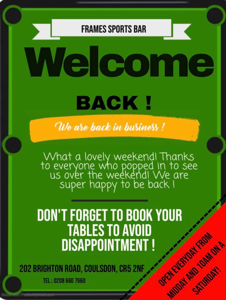 We are back !

 We hope to see you all soon !

#framessportsbar #framessportsbarcoulsdon #sportsbar #southlondon #snookerclub #poolclub #fun #game #drink