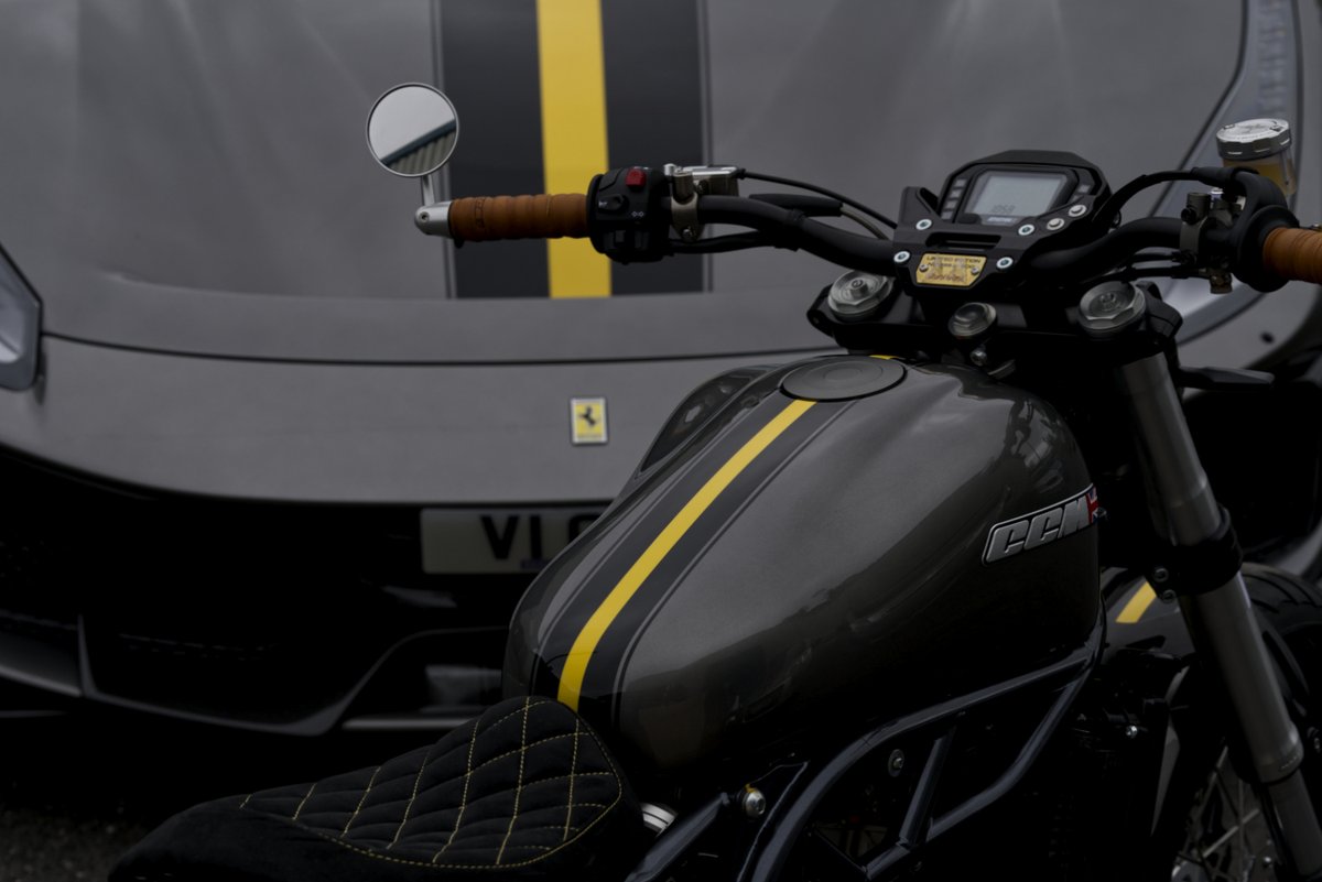 CCMMotorcycle's tweet photo. When we launched the Spitfire SIX and its myriad of options, little did we know what effect it would have on our other models. Gareth was duly inspired to personalise his new Bobber to match his 4-wheeled passion and we love it - how about you? #bobber #ferrari #custombike https://t.co/gnts0UpfWF