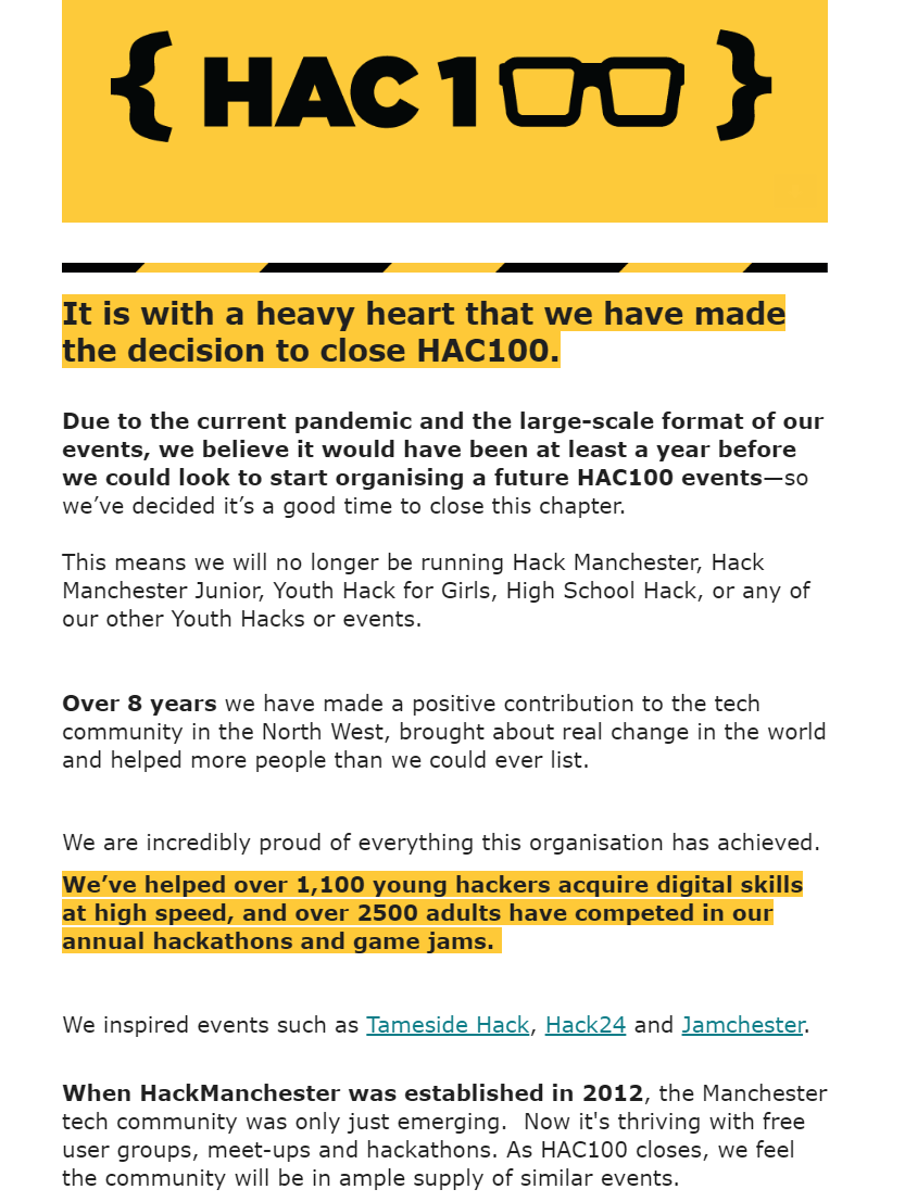 HackManchester's tweet image. CLOSING STATEMENT from @HackManchester👩‍💻

Please share your fondest MEMORIES using #HackMCRFav

We can&apos;t wait to hear from you!

Goodbye x

#HackMCR