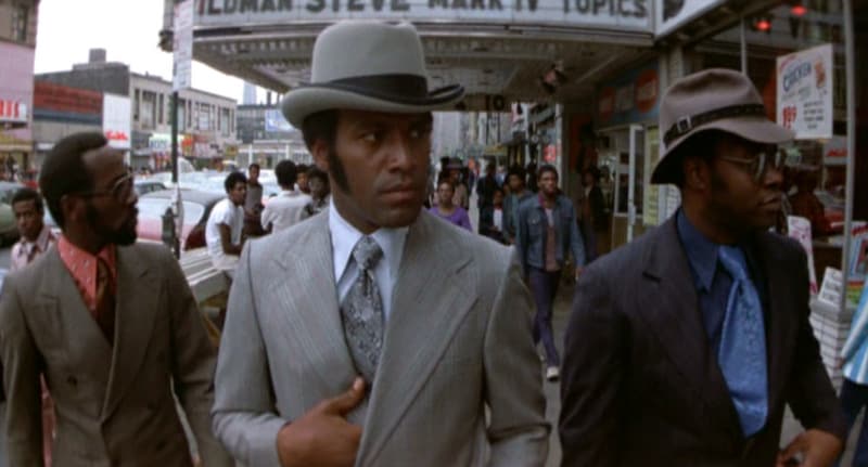 This suit and old-style grey homburg hat on Fred Williamson in Black Caesar (1973), though the man wore all his clothes pretty damn well