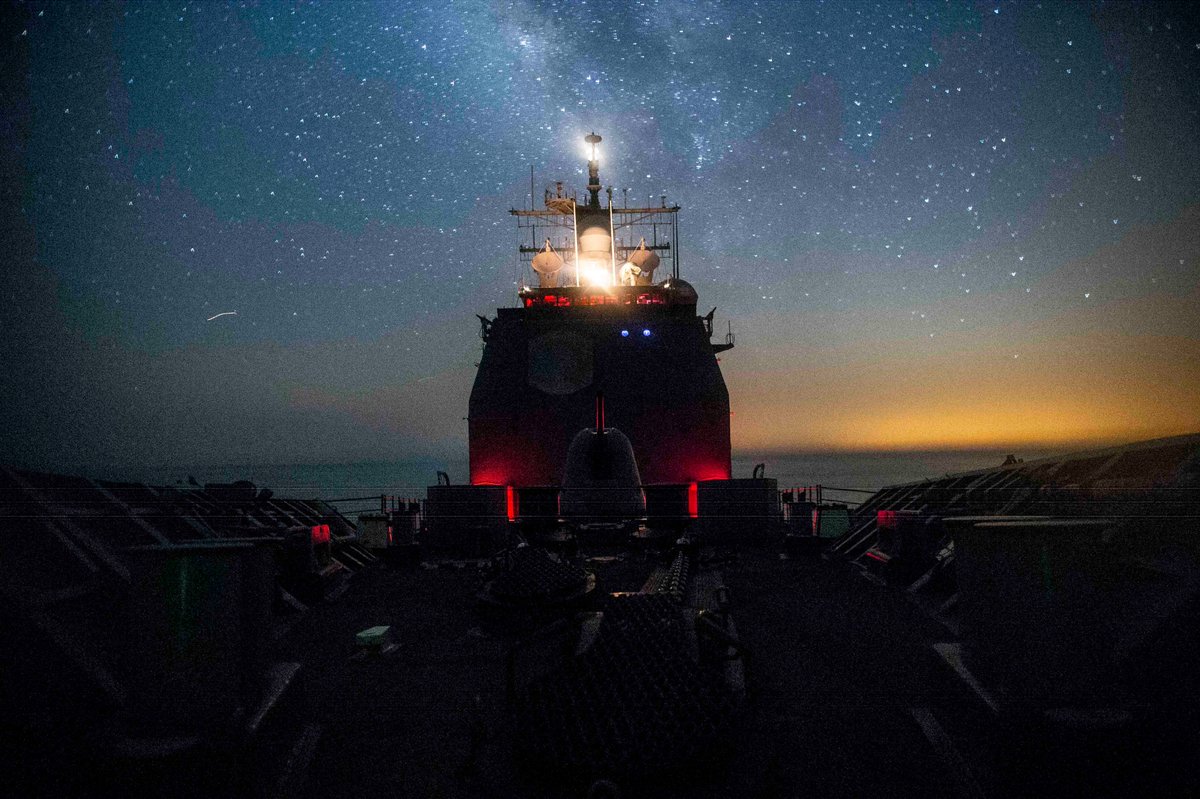 Under the stars. @USNavy ship #USSVellaGulf transits the Persian Gulf in support of naval operations to ensure maritime stability and security.