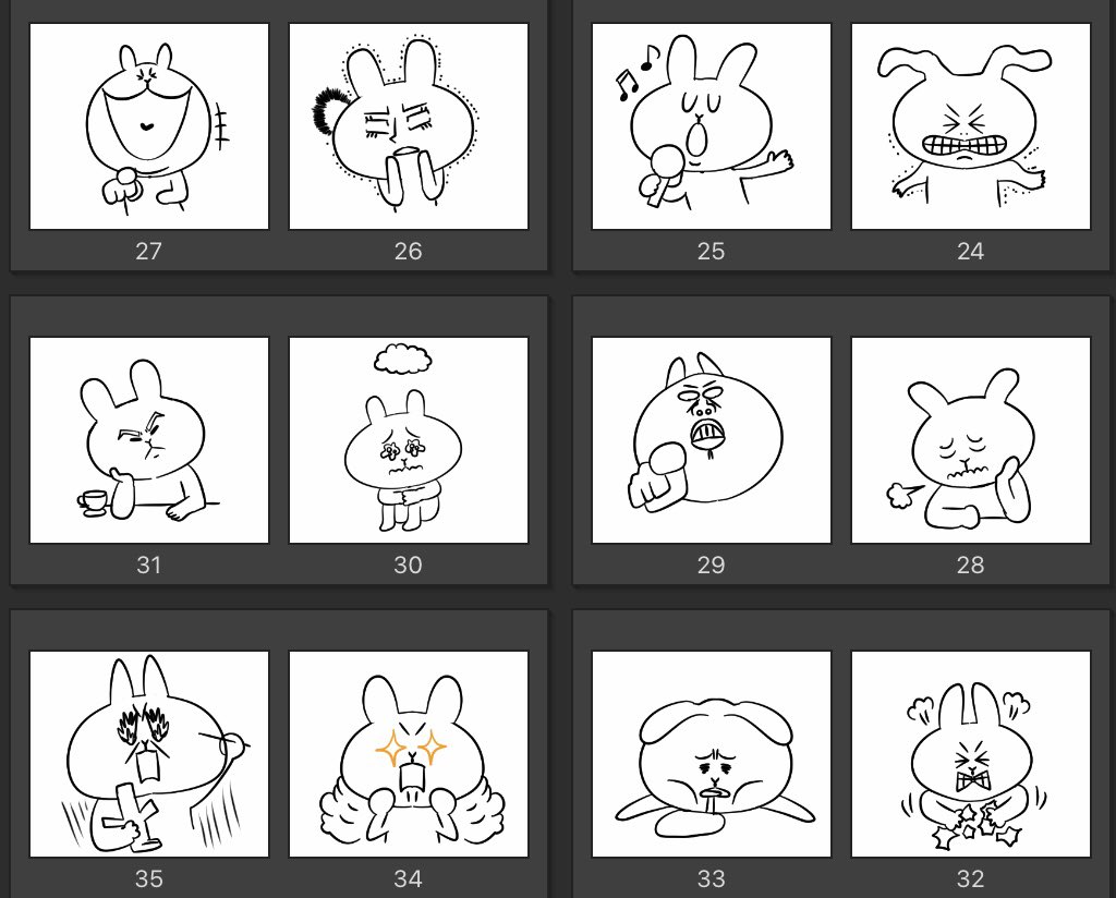 #コルクラボマンガ専科
#LINEスタンプ
スタンプ40種!!ペン入れ完成ーー!
影とか小道具とかで全然印象変わるし、こんな小さいのに影が細かく入っててすごいと思った。まる。 https://t.co/XDaExbiTxF 