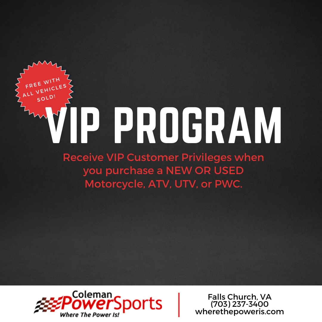 ColemanPower's tweet photo. Receive amazing VIP Customer Privileges when you Purchase a NEW OR USED Motorcycle, ATV, UTV, or PWC! Head to our website for a list of benefits! 🥳 https://t.co/dliAqJzxG1
