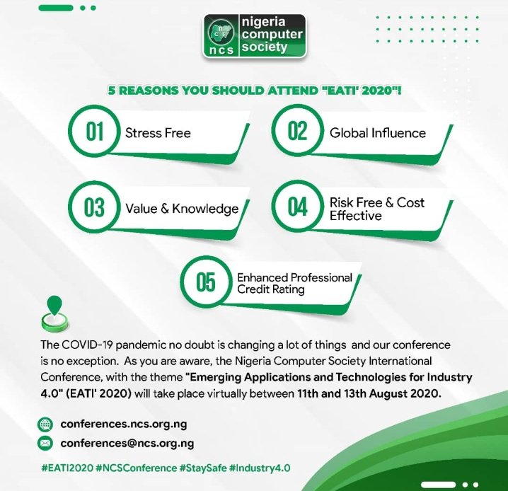 NigeriaComputer's tweet photo. Get ready!!! Get Prepared!!! Get Registered!!! This year's conference holding online is getting closer. See why you should not miss it below. @ProfOsinbajo @ProfSodiya @DrIsaPantami @KashifuInuwa 
#EATI2020 #NCSConference #StaySafe #Industry4.0 https://t.co/svzB838dqK