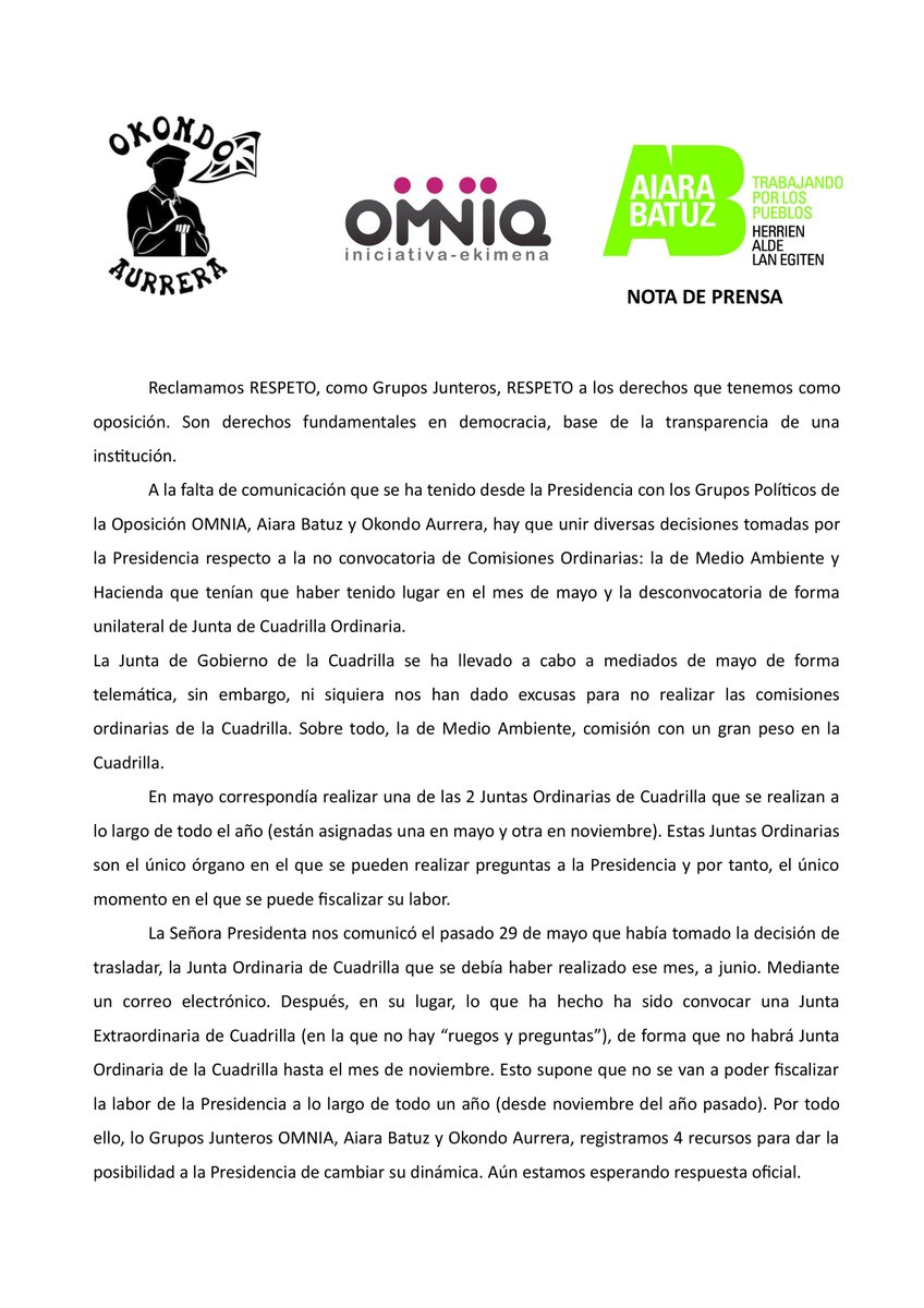 iniciativaomnia's tweet photo. Hoy, después de la Junta Extraordinaria de Cuadrilla, hemos realizado una rueda de prensa OMNIA, Aiara Batuz y Okondo Aurrera para evidenciar la situación actual en la Cuadrilla de Ayala.
Podéis leer el texto con lo más relevante de nuestras declaraciones. https://t.co/25VtuPpKSL