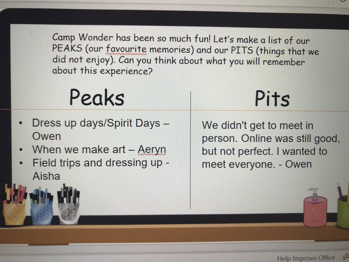 The peaks and pits of Camp Wonder 2020! Our campers loved spirit days, virtual field trips, and art activities. We wished we could meet in person, but virtual learning was still a lot of fun! 💜 #GECDSBSLP2020 <a href="/AugermanM/">JSK_GNPS</a> <a href="/SMayville/">Susan Mayville</a> <a href="/ClaraHowitt/">Dr. Clara Howitt</a>