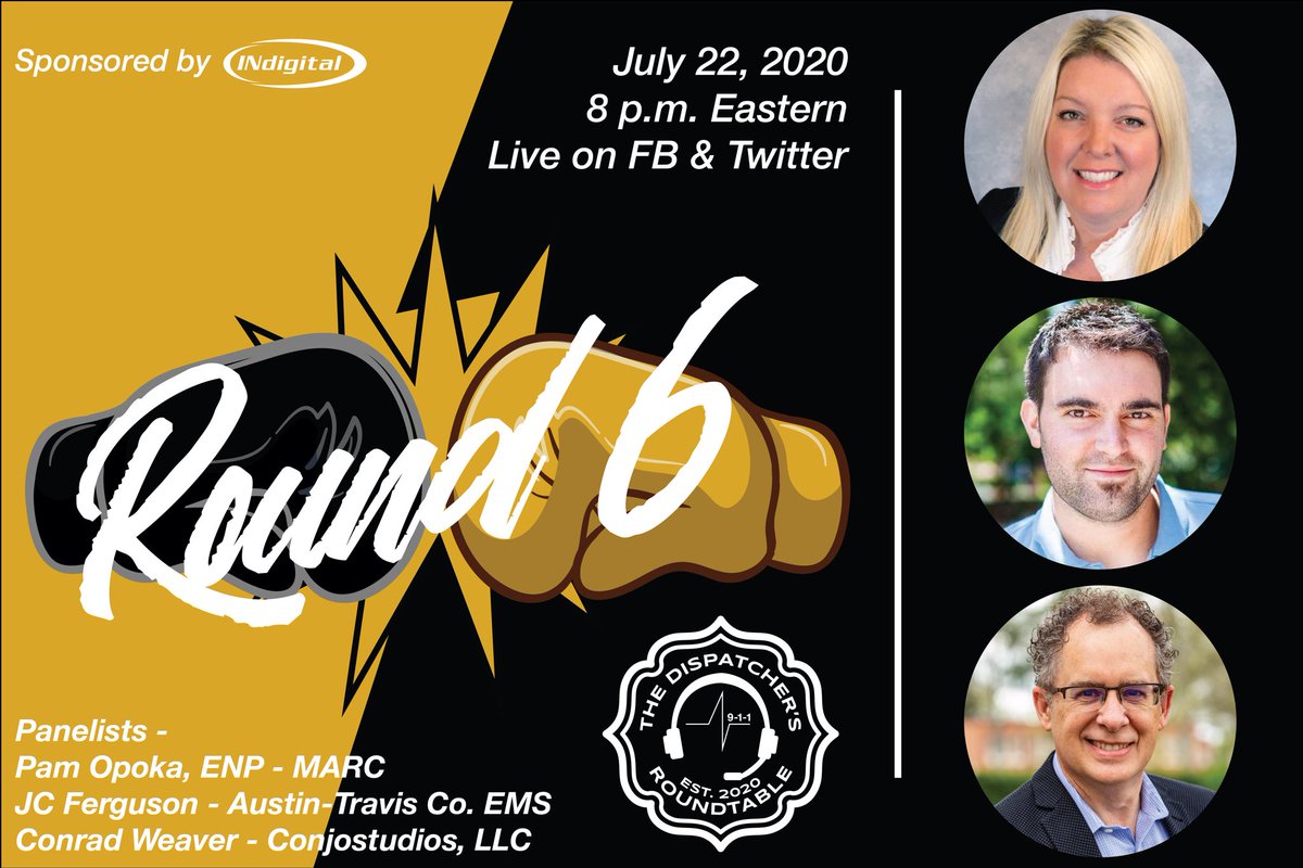 I am excited to have Pam, JC, and Conrad on the Dispatcher’s Roundtable for round 6. We will be discussing Mental Health &amp; Wellness along with PTSD. If you have questions please retweet them. Cheers!