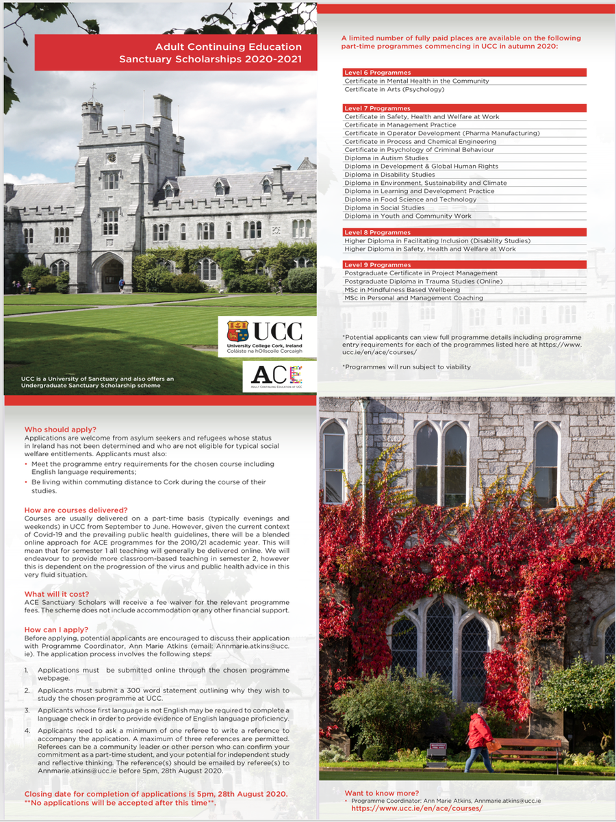 Delighted to announce the return of the very successful  <a href="/ACEUCC/">ACE UCC</a> #SanctuaryScholarships for refugees and asylum seekers for 2020/2021 academic year <a href="/UCC/">UCC Ireland</a> With over 20 part-time programmes to choose from, this is an exciting offering for eligible applicants. Apply before 28 Aug!