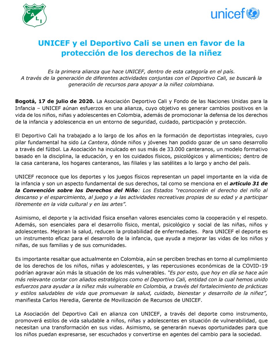 DeportivoCaliCP's tweet photo. 🤝 La Asociación Deportivo Cali y @UNICEFColombia sellan una alianza histórica para el país, que velará por los derechos de la niñez.

#DeportivoCaliSocial https://t.co/KmJpk1GYOY