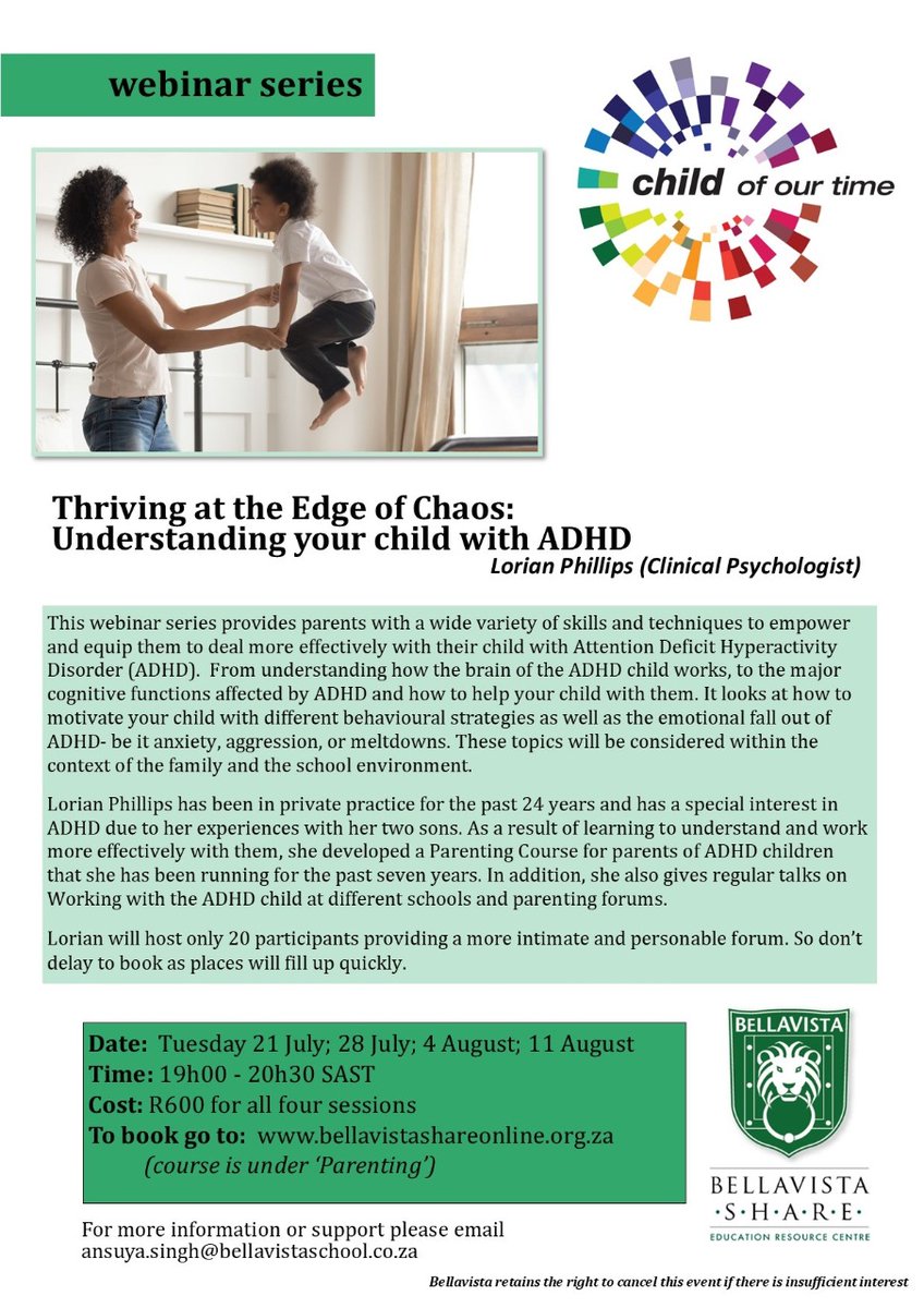 TheSADAG's tweet photo. Don't miss the @bv_share webinar on the 21st of July on ADHD. This is prefect a webinar if you are a parent to a child who has been diagnosed with ADHD and want to learn more about techniques to empower and equip them for their day to day lives
#ADHD
#ChildrenWithADHD https://t.co/COYG5xk1sl