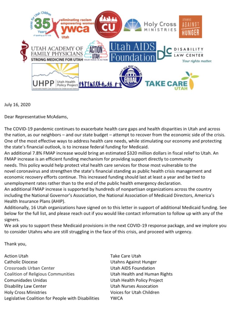 UHPP's tweet photo. Yesterday, UHPP and 15 other advocacy organizations sent this joint letter to each of our Utah members of Congress, asking their support of increased Medicaid funding in the next COVID-response package.
https://t.co/MeK70X3lHg
#utpol #SupportMedicaid https://t.co/aJlXS4kjJL