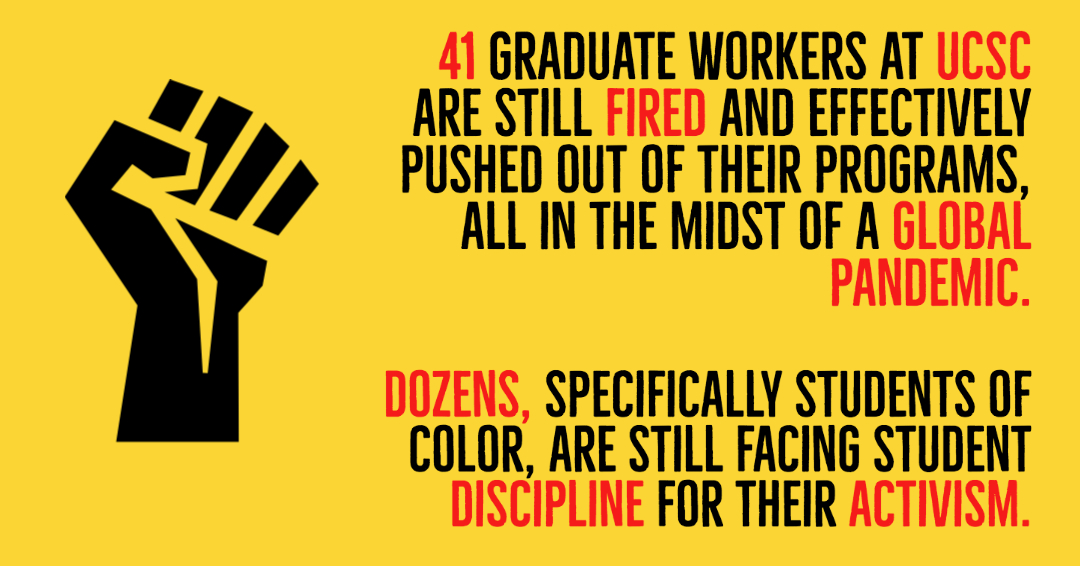 41 graduate workers at UCSC are still fired and effectively pushed out of their programs, all in the midst of a global pandemic.
Dozens, specifically students of color, are still facing student discipline for their activism. 