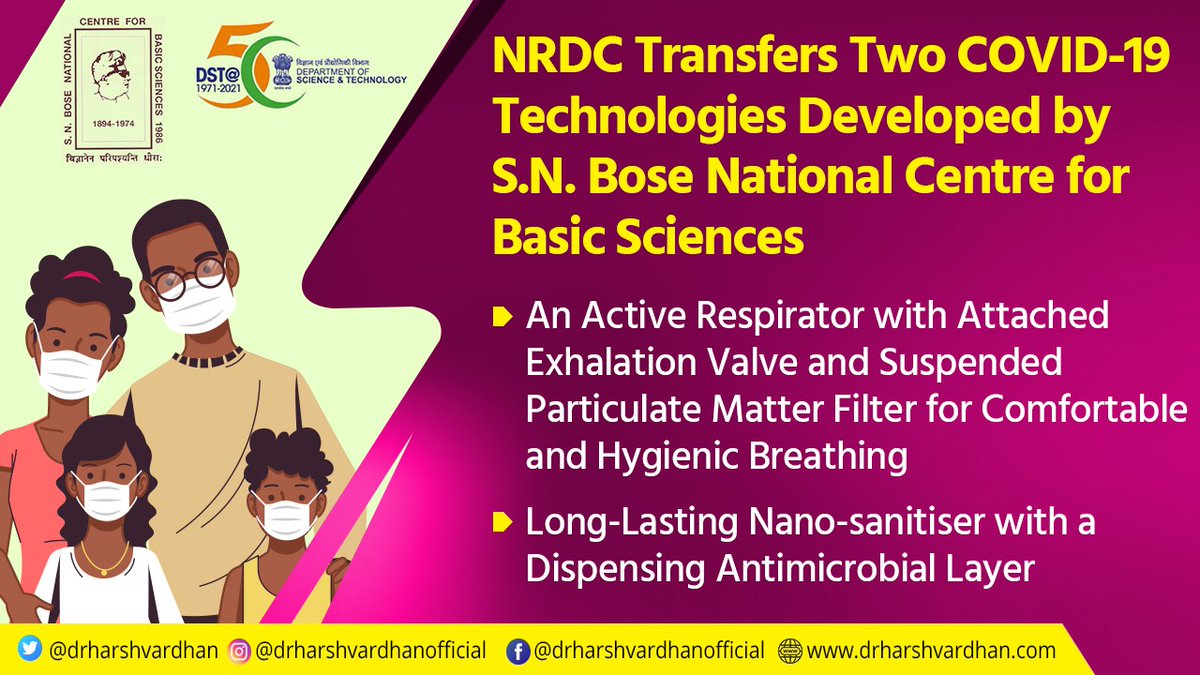 drharshvardhan's tweet photo. National Research Development Corporation, under @IndiaDST, has entered into an agreement with M/s Paulmech Infrastructure Pvt Ltd, Kolkata, to transfer two #COVID19 control technologies developed by S N Bose National Centre For Basic Sciences, Kolkata. 

@snbkol @NRDCIndia1953 https://t.co/TGPYe4R8b0