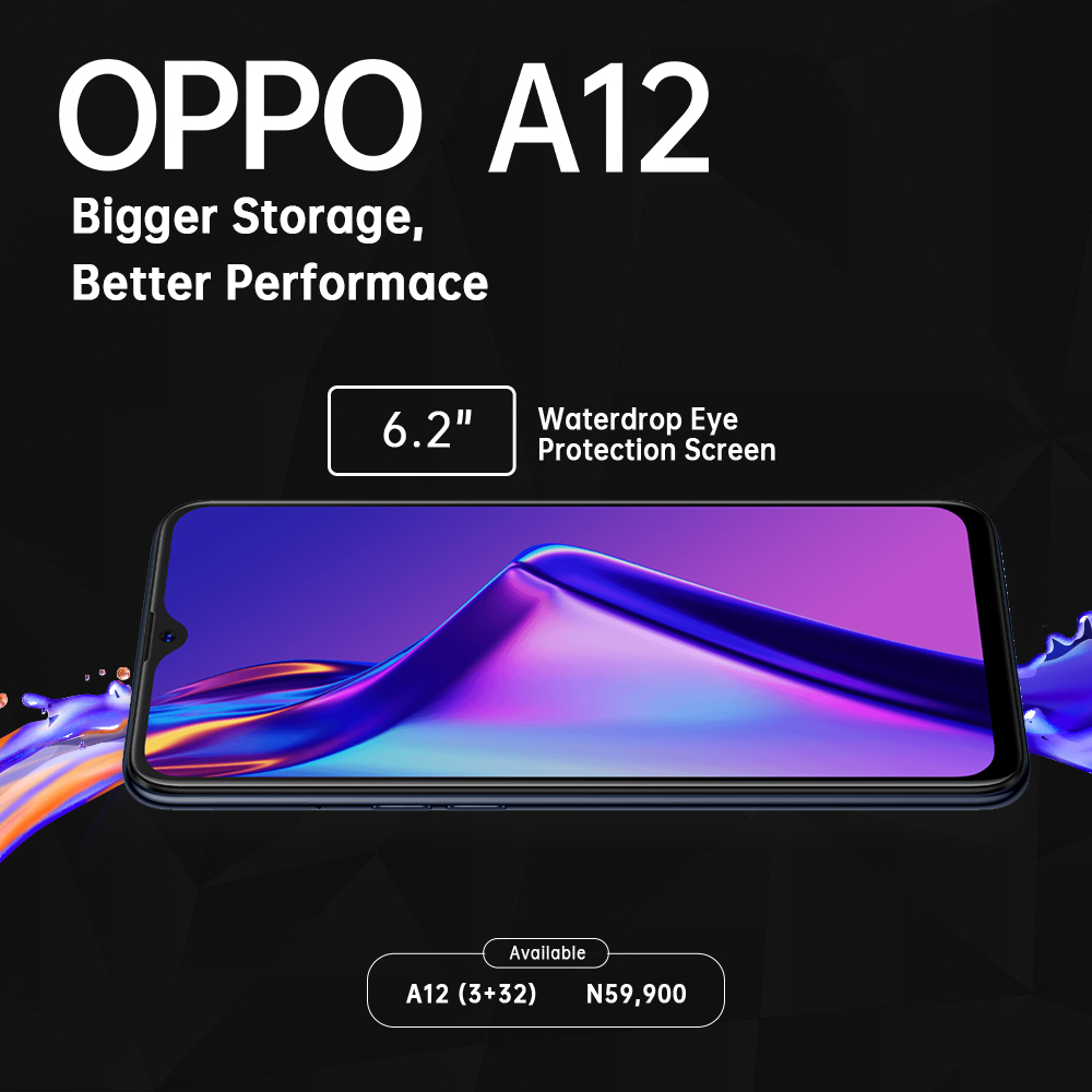 OPPONigeria's tweet photo. Whether you are binge watching your favorite TV show/ Movies, the large 6.22 inch Waterdrop Eye Protection Screen on #OPPOA12 immerses you in the full glory of your visuals. Buy A12 (3GB+32GB) @ N59,900. Visit https://t.co/kdA70r2EDM to order now. #BiggerStorageBetterPerformance https://t.co/r4Fctp6Fp4