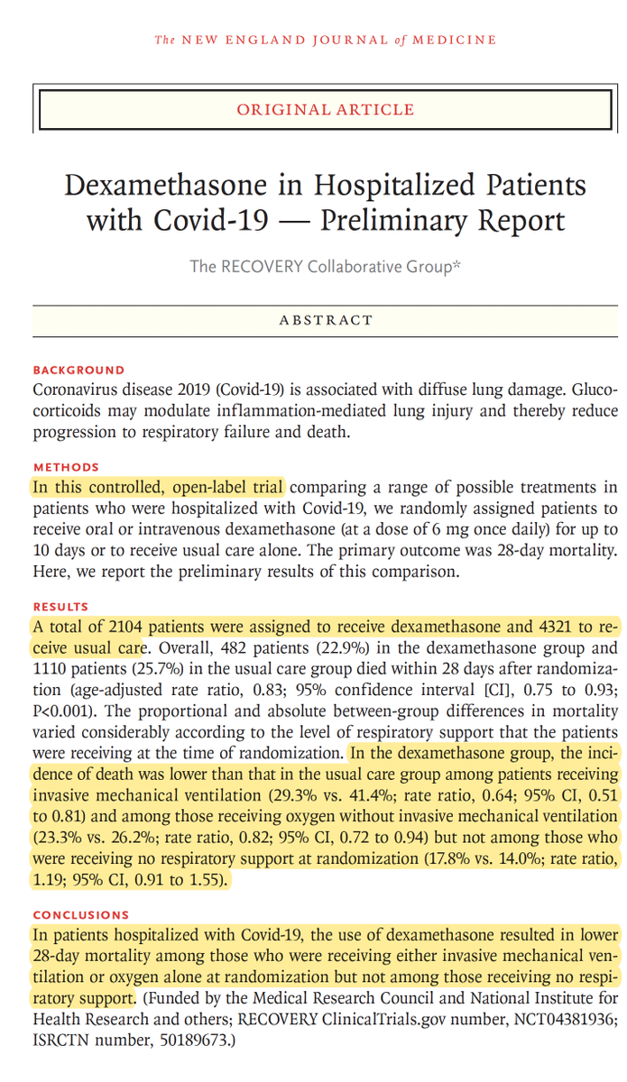 EricTopol's tweet photo. The dexamethasone #recoverytrial, showing survival advantage for severe #COVID19, was just published in @NEJM,  with an accompanying editorial by Tony Fauci and Clifford Lane @NIAIDNews 
https://t.co/gRxifHYMak
https://t.co/7cF0oKGSC5 https://t.co/q4OBJdQzDV