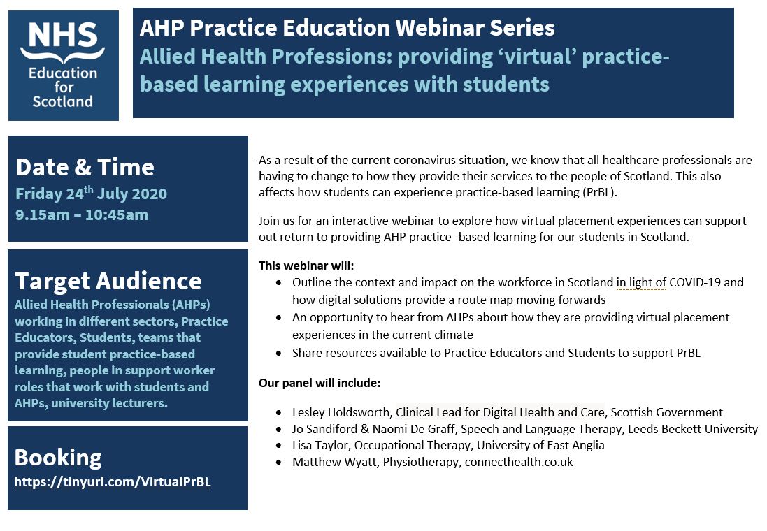 NESnmahp's tweet photo. ****** WEBINAR ALERT*******
Calling all AHPs involved in providing student practice-based learning experiences - join us to hear from our expert panel about how they are providing virtual student placements. #AHPPrBL
Register using link https://t.co/yd5pFr1ruB https://t.co/43eemuSeTR