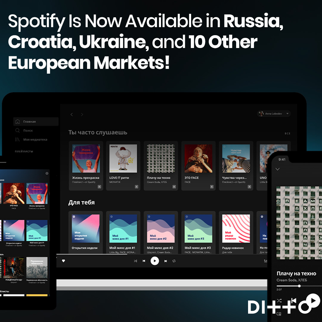 Dittomusic's tweet photo. Spotify has just launched in 13 new markets across Europe, bringing the total number of countries to 92. Fans in Albania, Belarus, Bosnia &amp; Herzegovina, Croatia, Kazakhstan, Kosovo, Moldova, Montenegro, North Macedonia, Russia, Serbia, Slovenia and Ukraine can now hear your 🎶🚀 https://t.co/h9pWQ0GBaB