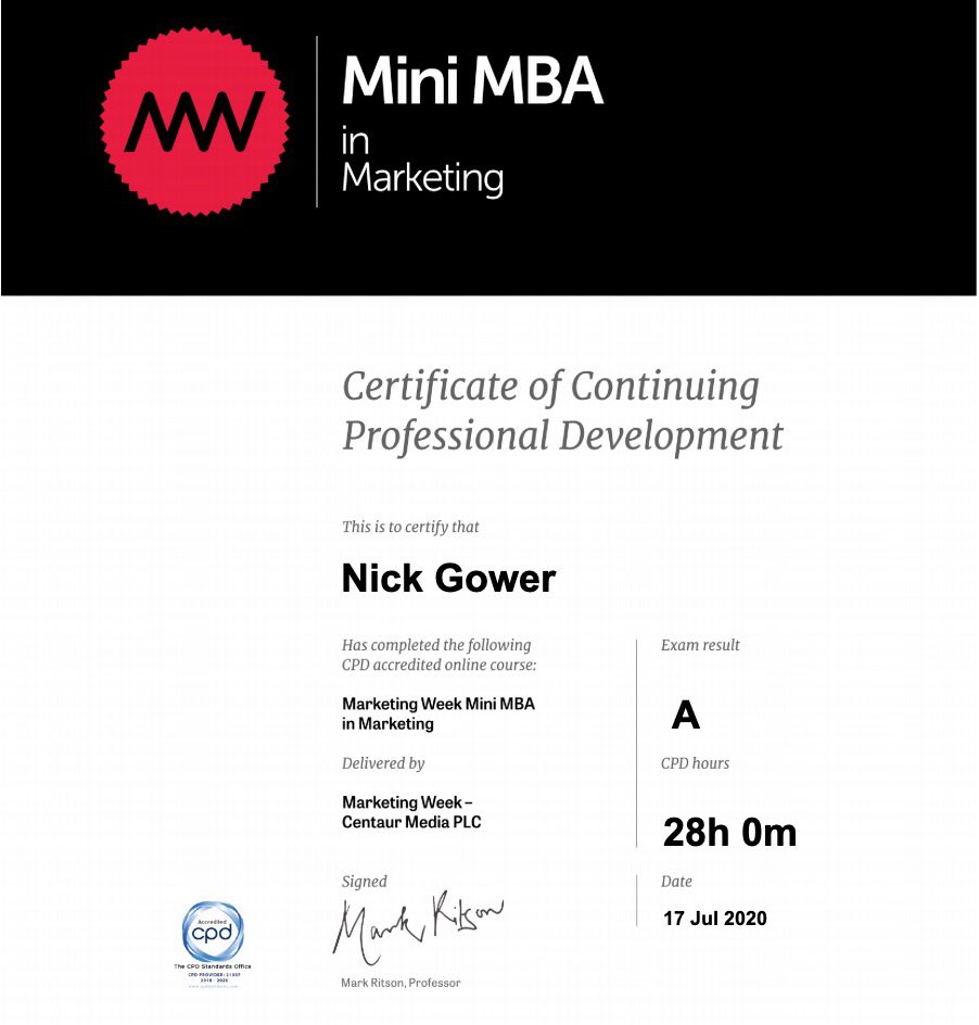 Loved every second of this. Highly recommend the <a href="/MWMiniMBA/">Mini MBA</a> for anyone serious about #marketing. Somehow finished in the top 20% with an ‘A’. Big thank you <a href="/markritson/">Mark Ritson</a> and <a href="/MarketingWeekEd/">Marketing Week</a>.