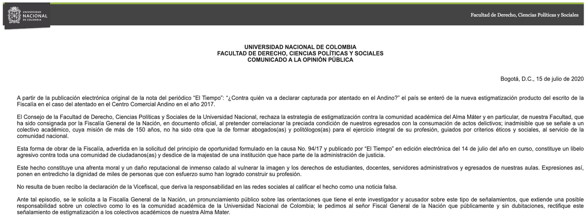 UNALOficial's tweet photo. Comunicado a la Opinión Pública | El Consejo de la Facultad de Derecho, Ciencias Políticas y Sociales de la #UNALl, rechaza la estrategia de estigmatización contra la comunidad académica del Alma Máter y en particular, de esta Facultad @derechounal 👇 #SomosUNAL https://t.co/5N2XWSYS4C